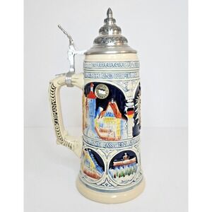 King Werk Beer Stein Germany Relief Landmarks Pewter Lid Blue Cream New 0.5L